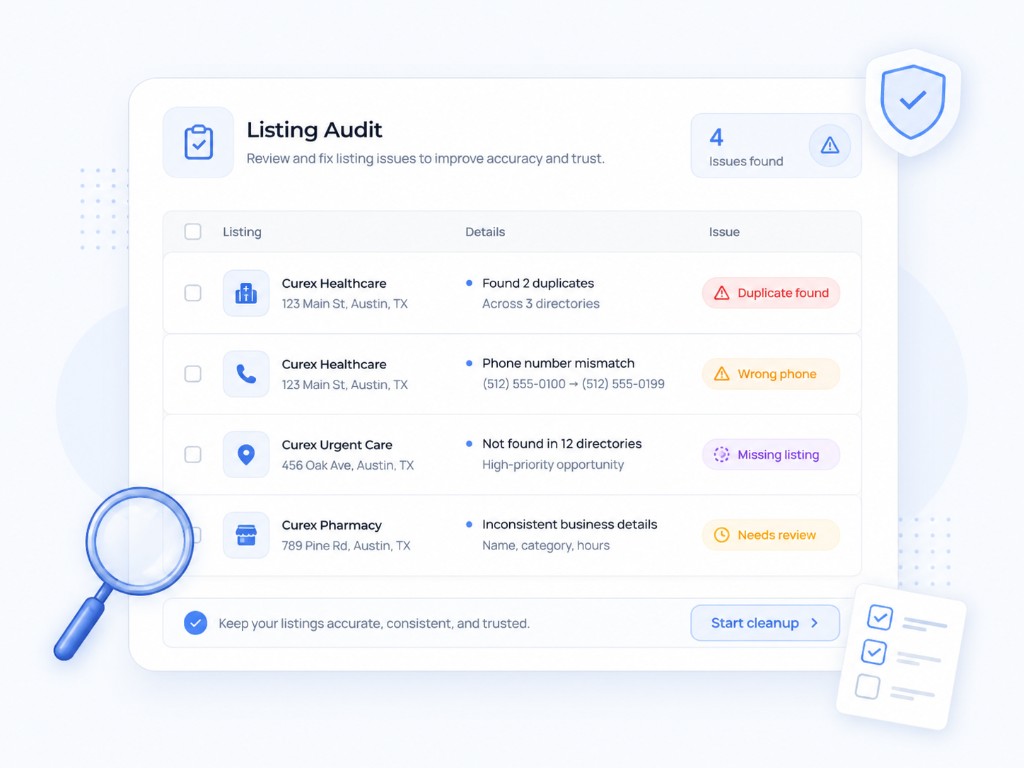 Listing audit dashboard showing duplicate listings, phone mismatches, missing listings, and inconsistent business details.