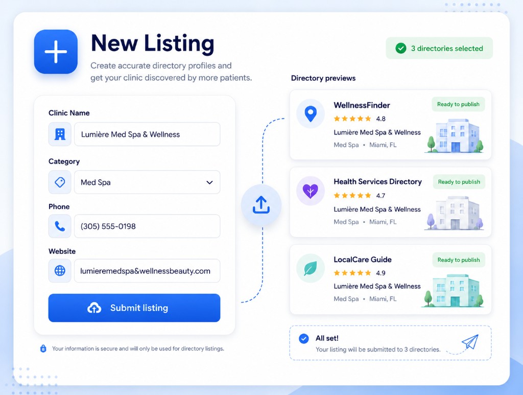 New listing form with directory previews showing how a clinic listing will appear across selected directories.