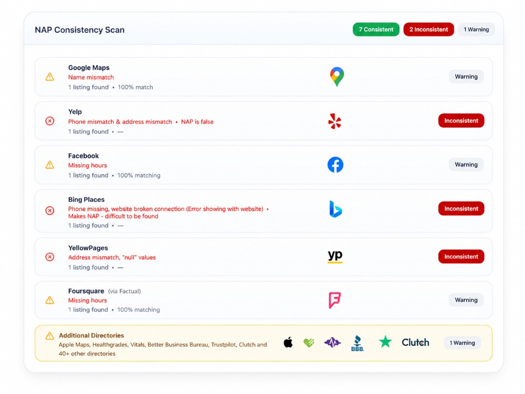 NAP Consistency Scan showing 7 consistent, 2 inconsistent, and 1 warning listing across Google Maps, Yelp, Facebook, and other directories