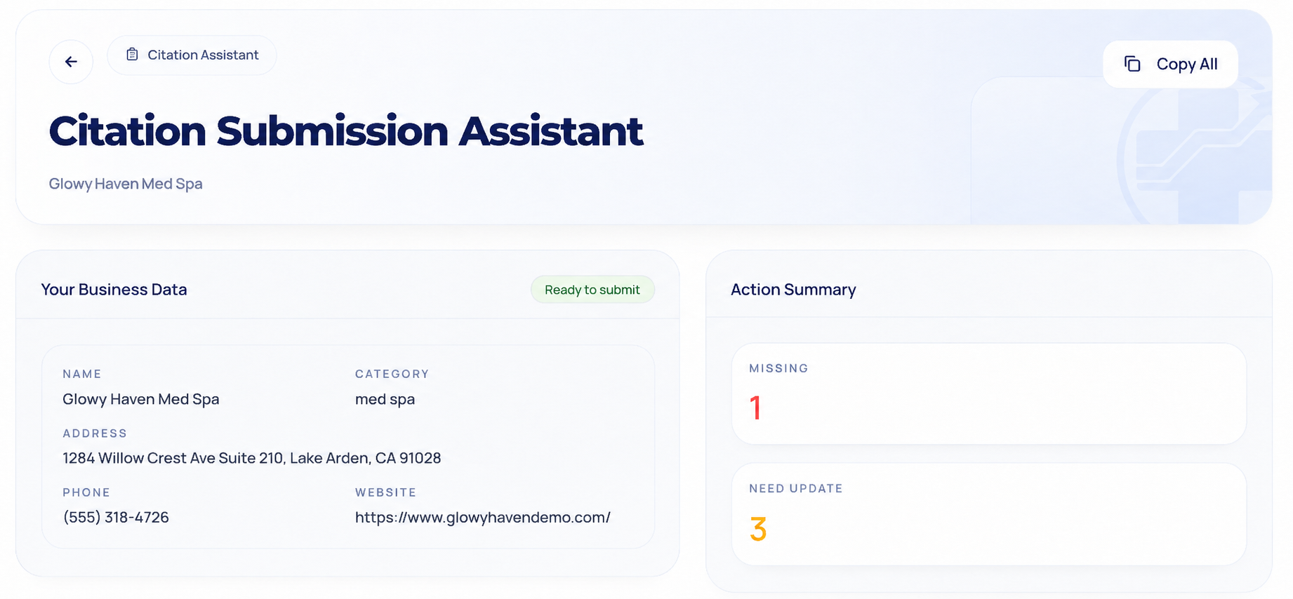 Citation submission assistant dashboard showing business data and action summary before manual directory submissions.