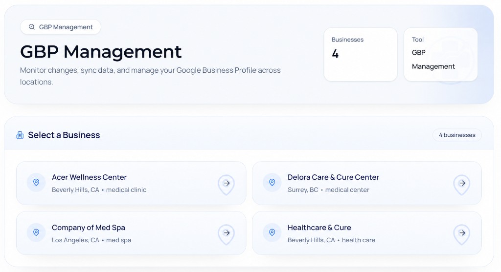 GBP Management dashboard showing business selection across multiple clinic locations.