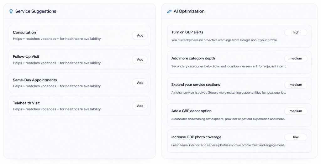 Service suggestions and AI optimization recommendations for improving Google Business Profile coverage.