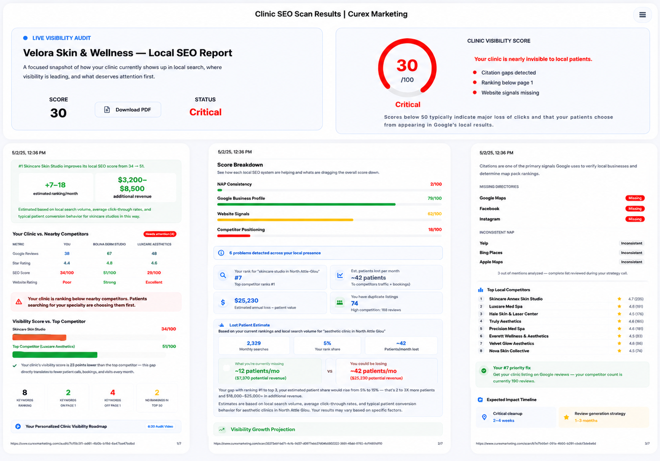 Sample clinic SEO report preview showing audit pages, score breakdowns, and growth projections