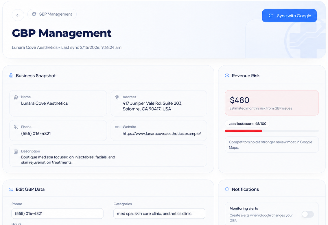 Google Business Profile management dashboard showing business snapshot and revenue risk insights.